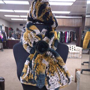 Green and Gold Rex Rabbit Fur Scarf and Headband Set